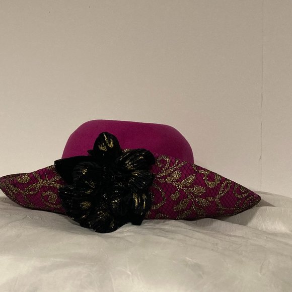 Fuchsia Fedora Hat Medium Brim  Scarlet Black Rose - Picture 2 of 5